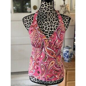 Lands End Tankini Swim Top Pink Orange Paisley Soft Cup Size 8 Halter Soft Cup